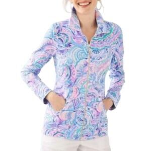 Lilly Pulitzer Leona Full Zip Up Jacket Womens Small Pink Blue Happy as a Clam
